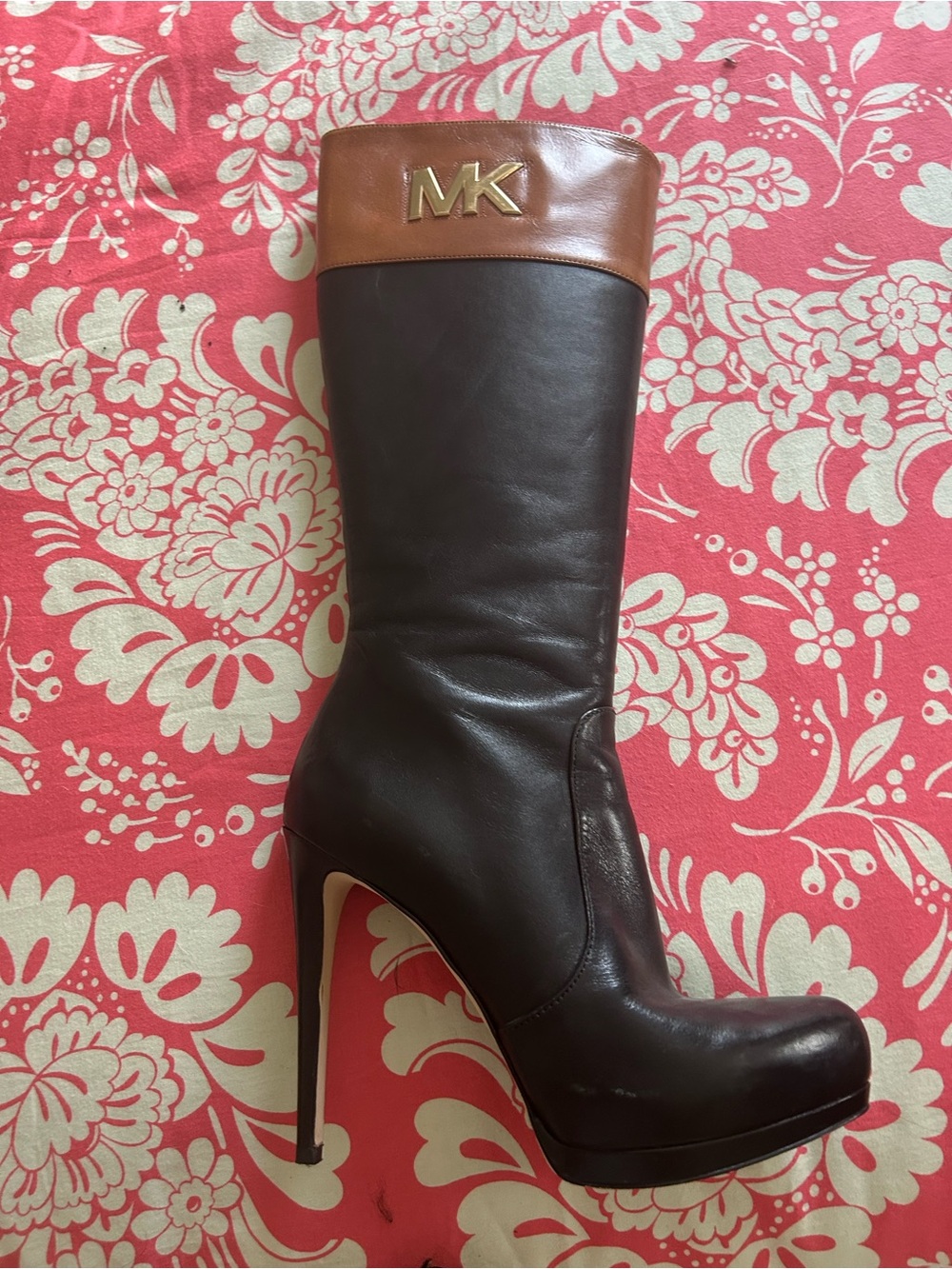 Michael Kors stiletto Two-Tone Brown Leather Knee Boot with Gold MK Emblem